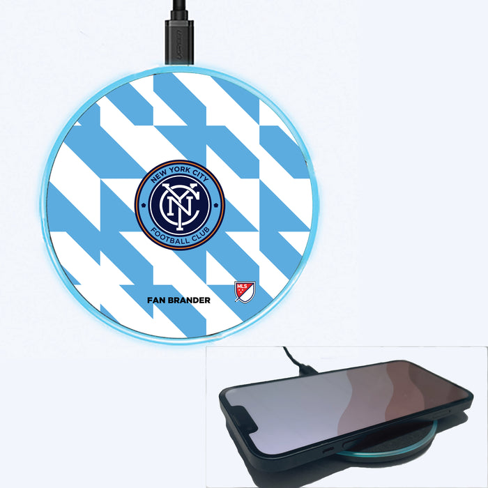 Fan Brander Grey 15W Wireless Charger with New York City FC Primary Logo on Geometric Quad Background