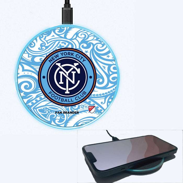 Fan Brander Grey 15W Wireless Charger with New York City FC Primary Logo With Team Color Tribal Background