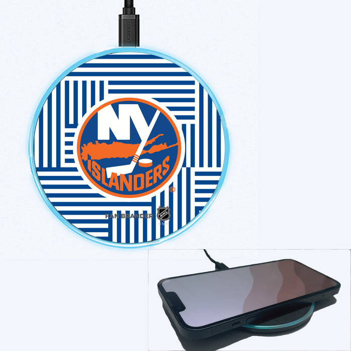 Fan Brander Grey 15W Wireless Charger with New York Islanders Primary Logo on Geometric Lines Background