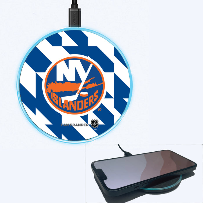 Fan Brander Grey 15W Wireless Charger with New York Islanders Primary Logo on Geometric Quad Background