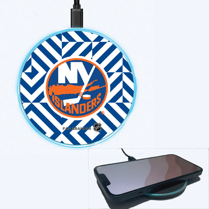 Fan Brander Grey 15W Wireless Charger with New York Islanders Primary Logo on Geometric Diamonds Background