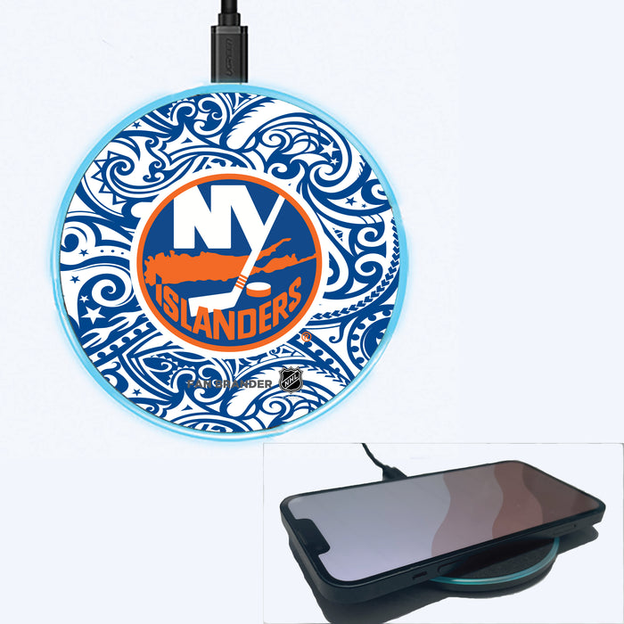 Fan Brander Grey 15W Wireless Charger with New York Islanders Primary Logo With Team Color Tribal Background