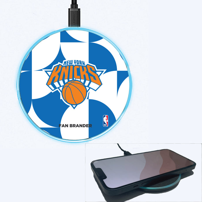 Fan Brander Grey 15W Wireless Charger with New York Knicks Primary Logo on Geometric Circle Background