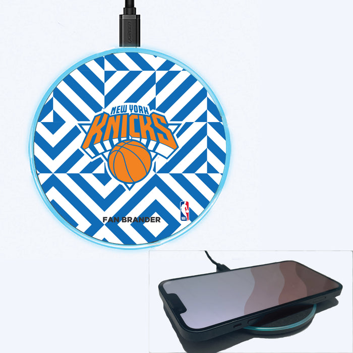 Fan Brander Grey 15W Wireless Charger with New York Knicks Primary Logo on Geometric Diamonds Background