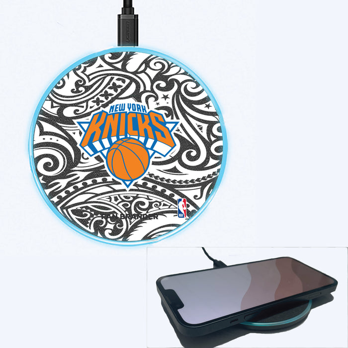 Fan Brander Grey 15W Wireless Charger with New York Knicks Primary Logo With Black Tribal