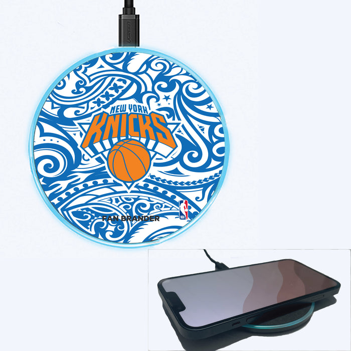 Fan Brander Grey 15W Wireless Charger with New York Knicks Primary Logo With Team Color Tribal Background