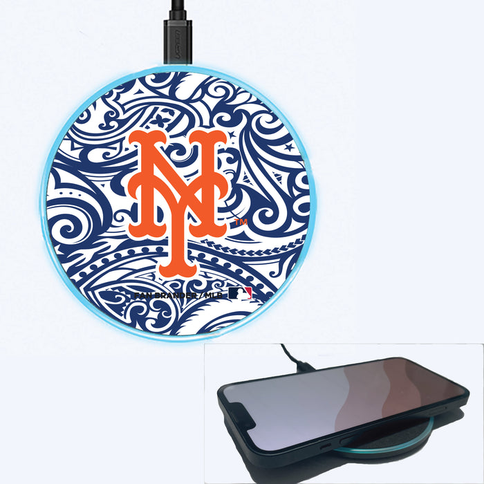 Fan Brander Grey 15W Wireless Charger with New York Mets Primary Logo With Team Color Tribal Background