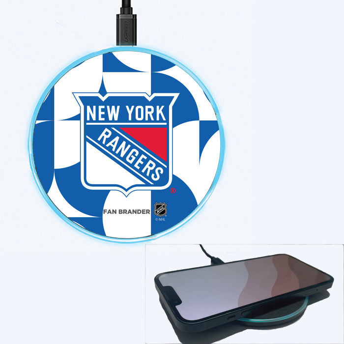 Fan Brander Grey 15W Wireless Charger with New York Rangers Primary Logo on Geometric Circle Background