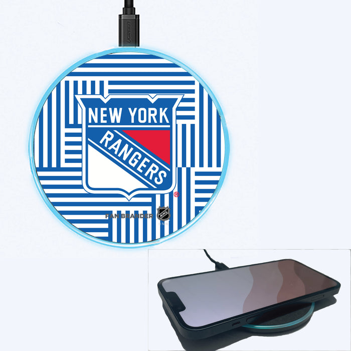 Fan Brander Grey 15W Wireless Charger with New York Rangers Primary Logo on Geometric Lines Background