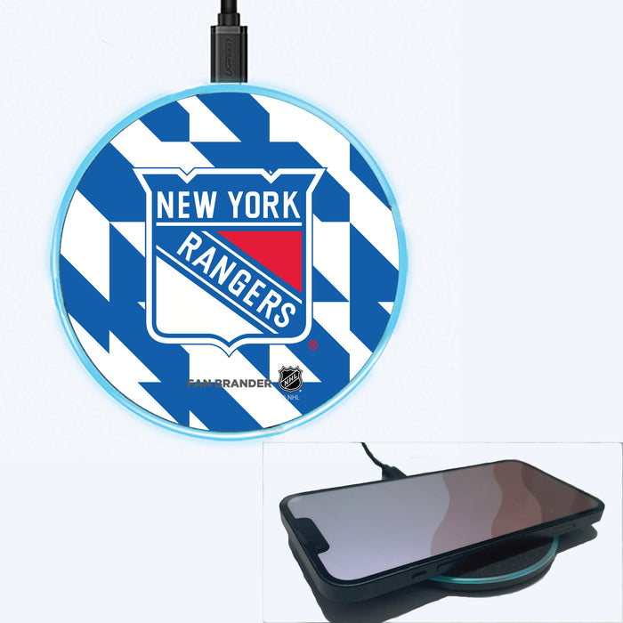 Fan Brander Grey 15W Wireless Charger with New York Rangers Primary Logo on Geometric Quad Background