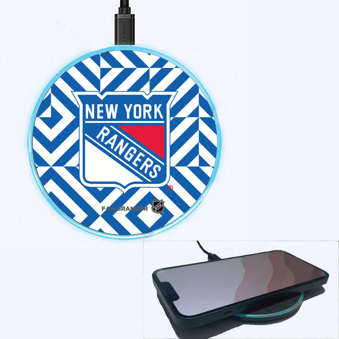 Fan Brander Grey 15W Wireless Charger with New York Rangers Primary Logo on Geometric Diamonds Background