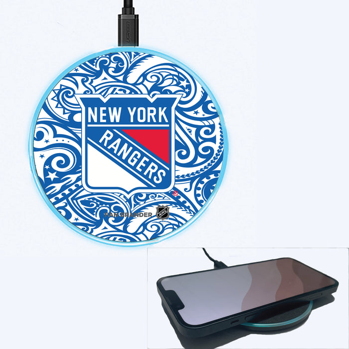 Fan Brander Grey 15W Wireless Charger with New York Rangers Primary Logo With Team Color Tribal Background