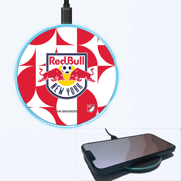 Fan Brander Grey 15W Wireless Charger with New York Red Bulls Primary Logo on Geometric Circle Background