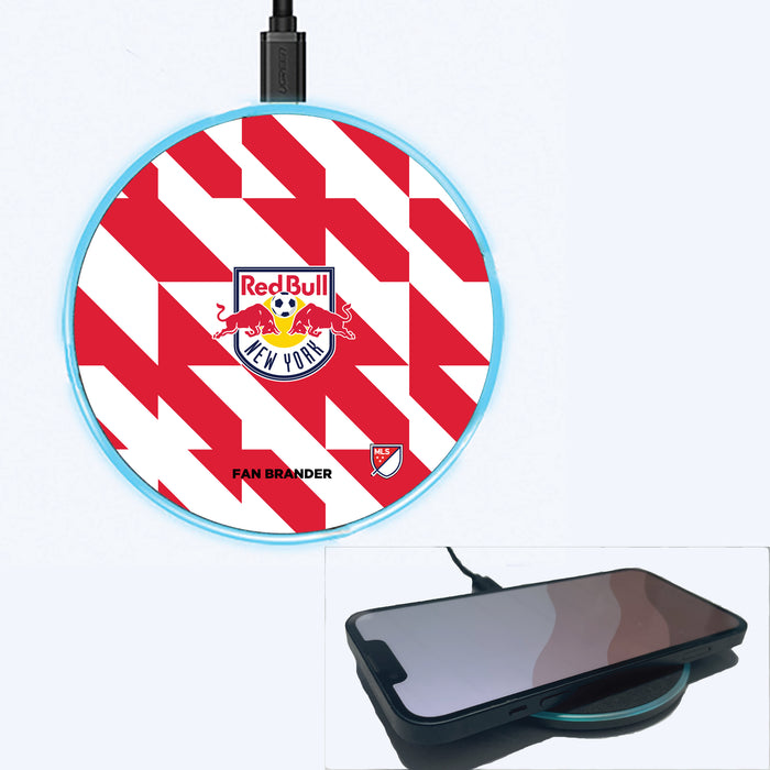 Fan Brander Grey 15W Wireless Charger with New York Red Bulls Primary Logo on Geometric Quad Background