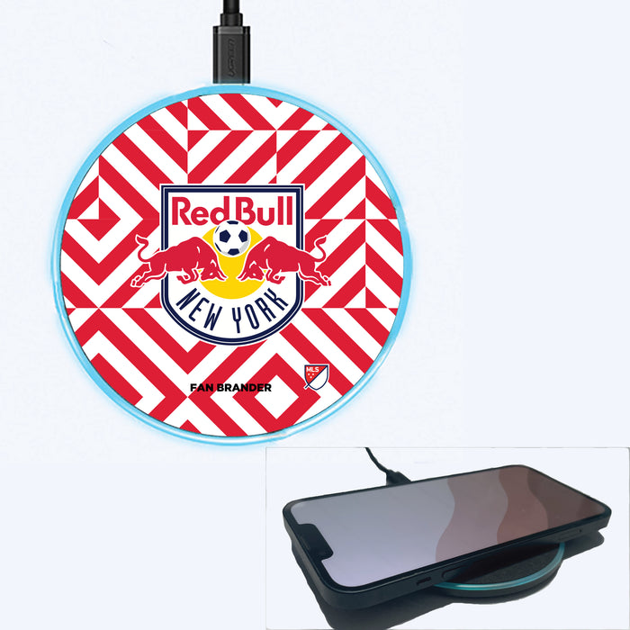 Fan Brander Grey 15W Wireless Charger with New York Red Bulls Primary Logo on Geometric Diamonds Background