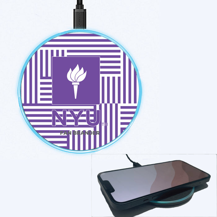 Fan Brander Grey 15W Wireless Charger with NYU Primary Logo on Geometric Lines Background