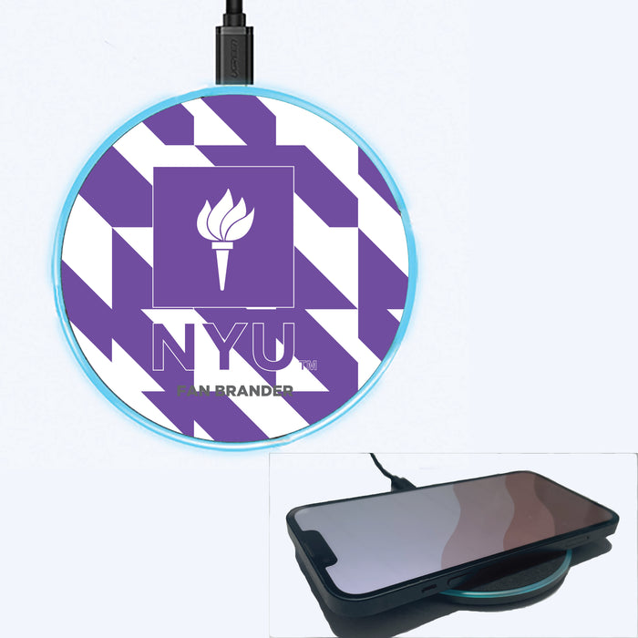 Fan Brander Grey 15W Wireless Charger with NYU Primary Logo on Geometric Quad Background