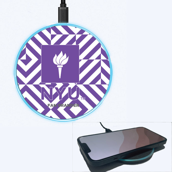 Fan Brander Grey 15W Wireless Charger with NYU Primary Logo on Geometric Diamonds Background