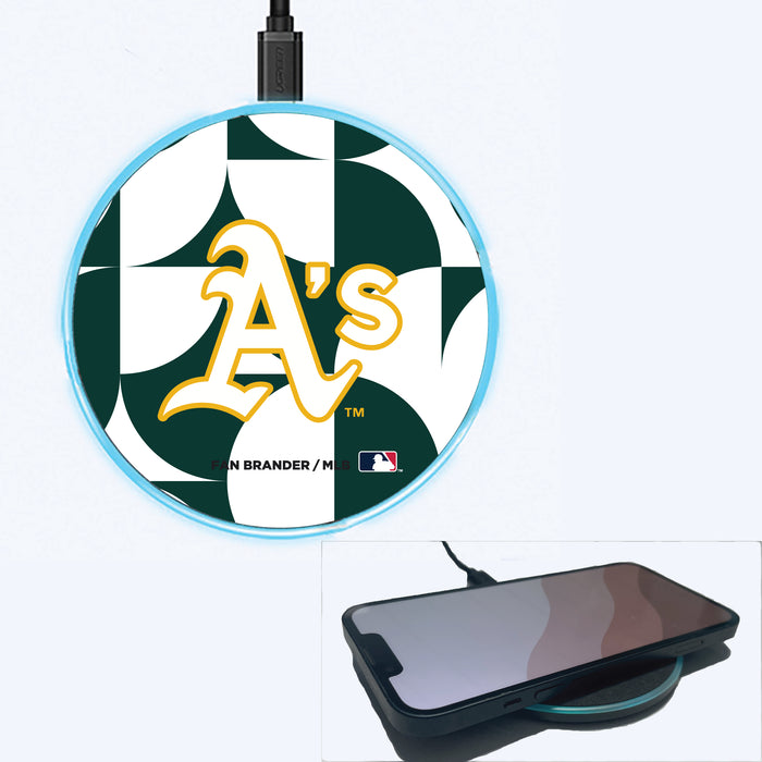 Fan Brander Grey 15W Wireless Charger with Oakland Athletics Primary Logo on Geometric Circle Background