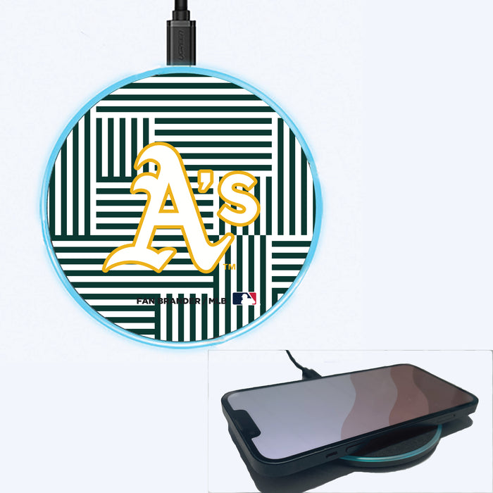 Fan Brander Grey 15W Wireless Charger with Oakland Athletics Primary Logo on Geometric Lines Background