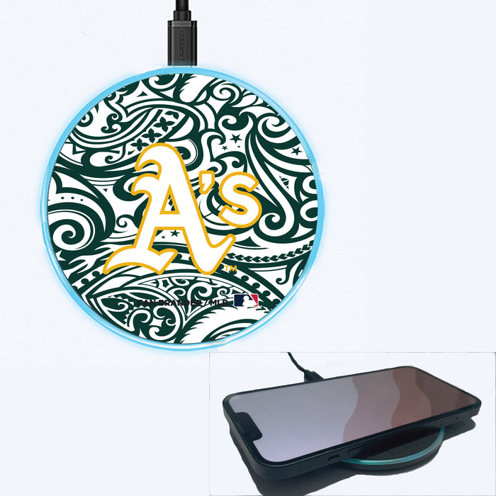 Fan Brander Grey 15W Wireless Charger with Oakland Athletics Primary Logo With Team Color Tribal Background
