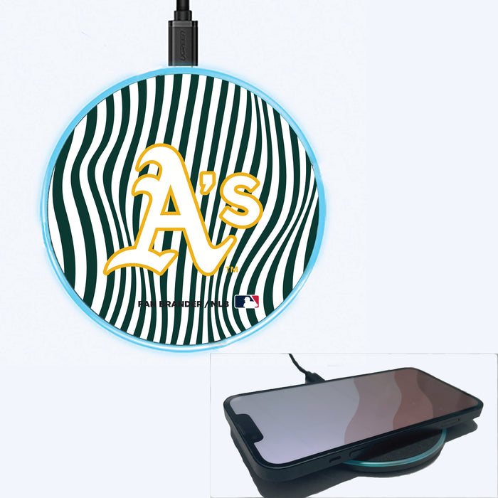 Fan Brander Grey 15W Wireless Charger with Oakland Athletics Primary Logo With Team Groovey Lines
