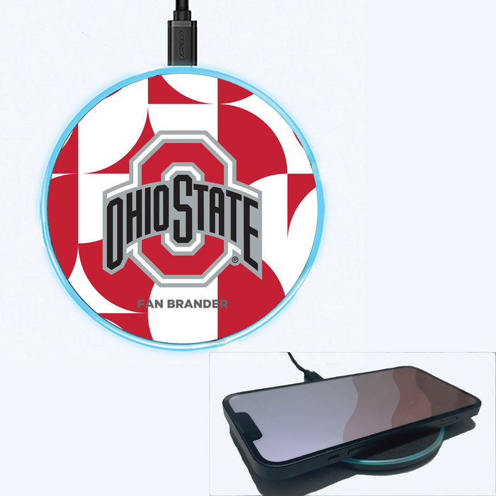 Fan Brander Grey 15W Wireless Charger with Ohio State Buckeyes Primary Logo on Geometric Circle Background