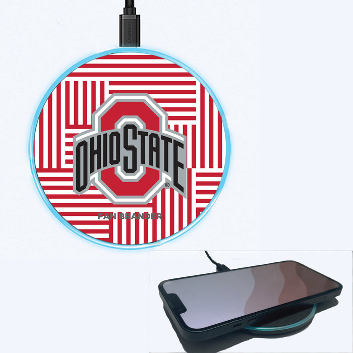 Fan Brander Grey 15W Wireless Charger with Ohio State Buckeyes Primary Logo on Geometric Lines Background