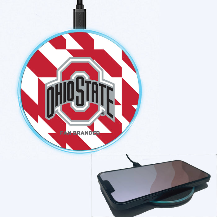 Fan Brander Grey 15W Wireless Charger with Ohio State Buckeyes Primary Logo on Geometric Quad Background