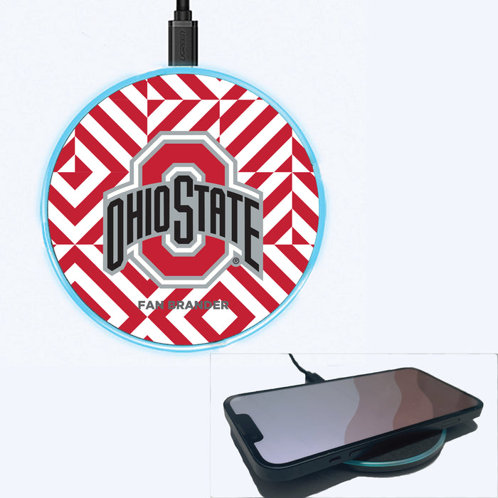 Fan Brander Grey 15W Wireless Charger with Ohio State Buckeyes Primary Logo on Geometric Diamonds Background