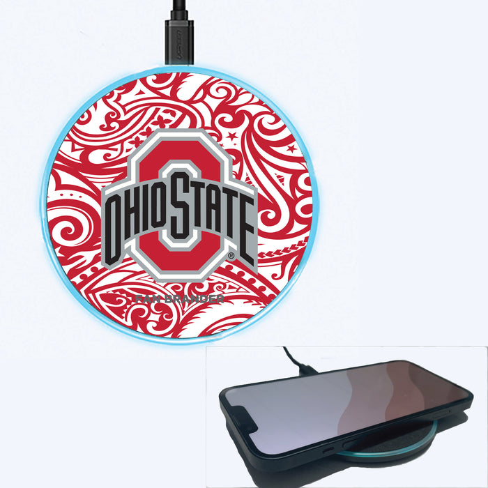 Fan Brander Grey 15W Wireless Charger with Ohio State Buckeyes Primary Logo With Team Color Tribal Background