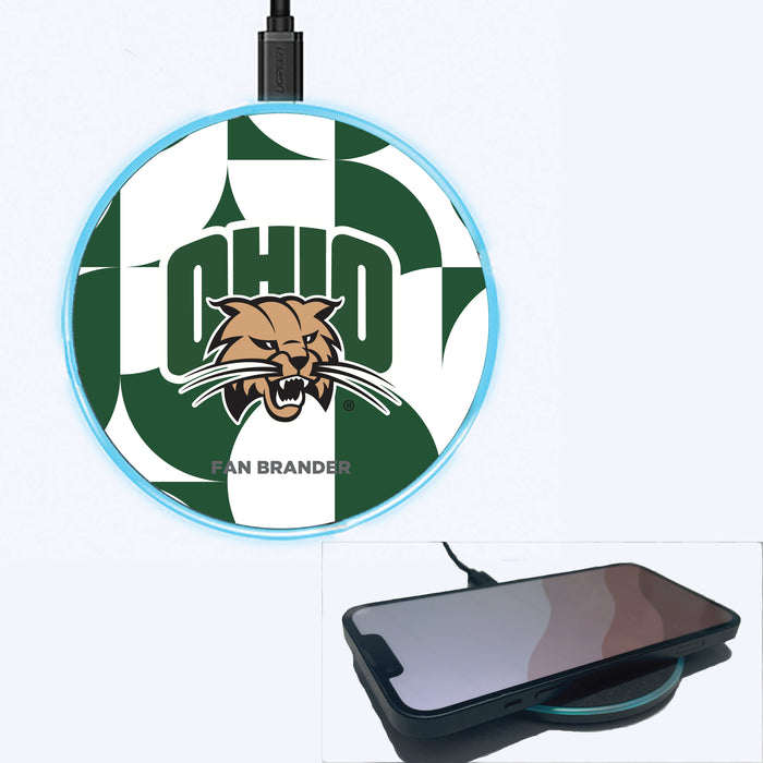 Fan Brander Grey 15W Wireless Charger with Ohio University Bobcats Primary Logo on Geometric Circle Background
