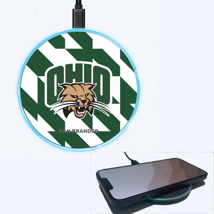 Fan Brander Grey 15W Wireless Charger with Ohio University Bobcats Primary Logo on Geometric Quad Background
