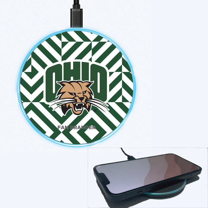 Fan Brander Grey 15W Wireless Charger with Ohio University Bobcats Primary Logo on Geometric Diamonds Background