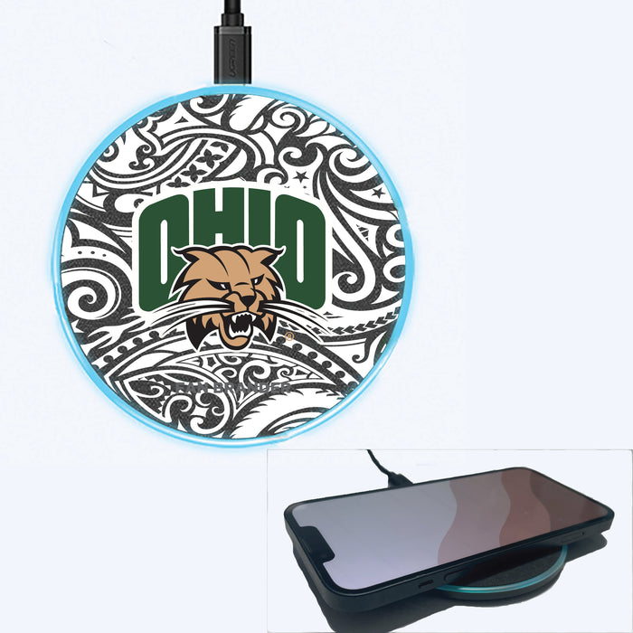 Fan Brander Grey 15W Wireless Charger with Ohio University Bobcats Primary Logo With Black Tribal