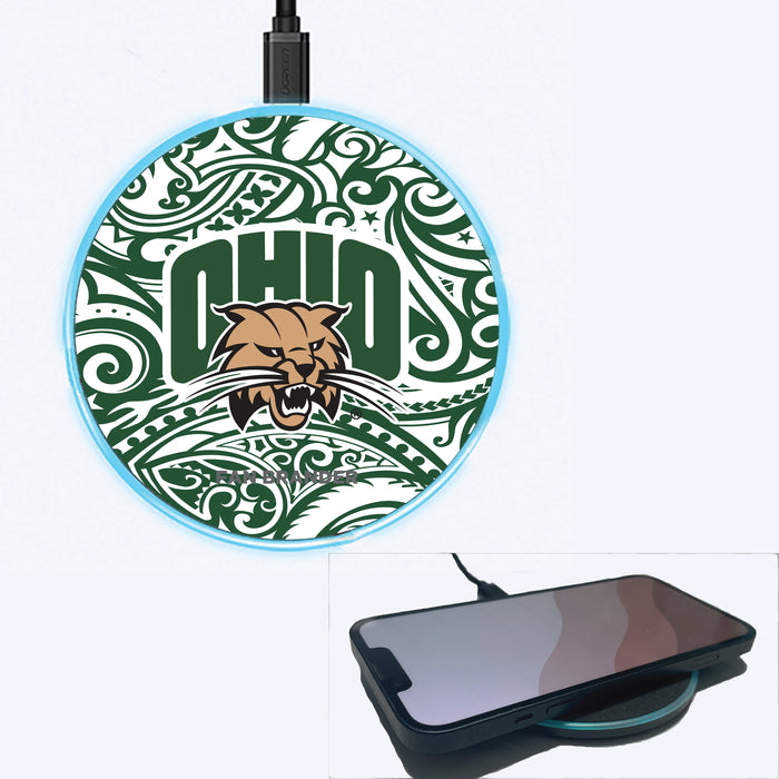 Fan Brander Grey 15W Wireless Charger with Ohio University Bobcats Primary Logo With Team Color Tribal Background
