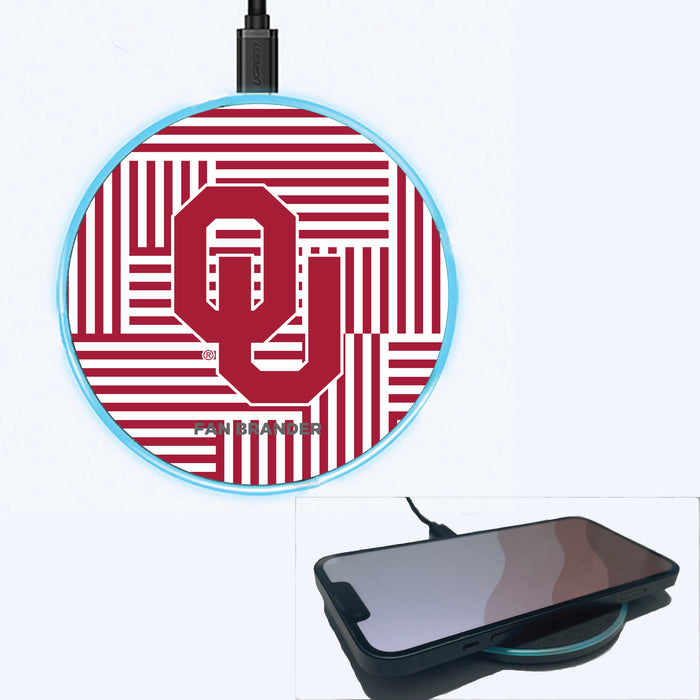Fan Brander Grey 15W Wireless Charger with Oklahoma Sooners Primary Logo on Geometric Lines Background