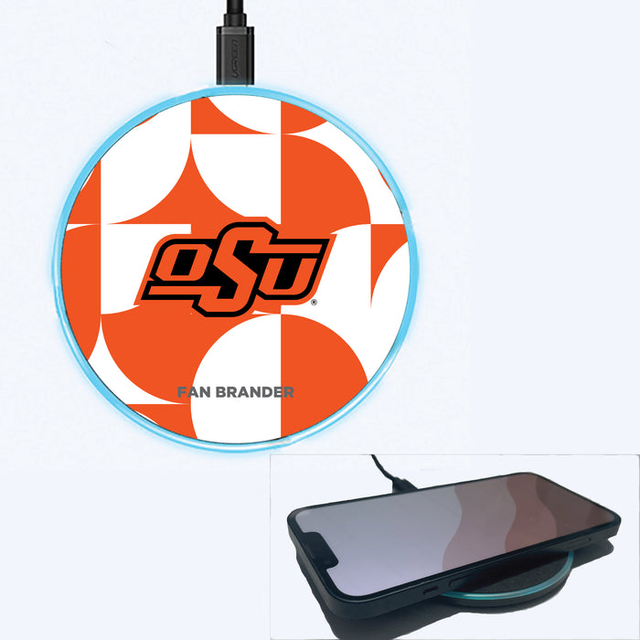 Fan Brander Grey 15W Wireless Charger with Oklahoma State Cowboys Primary Logo on Geometric Circle Background