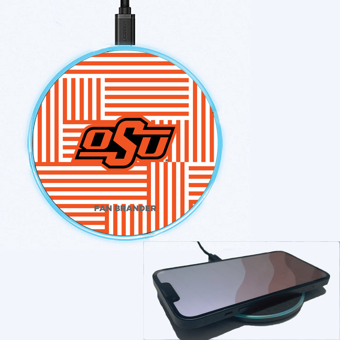 Fan Brander Grey 15W Wireless Charger with Oklahoma State Cowboys Primary Logo on Geometric Lines Background