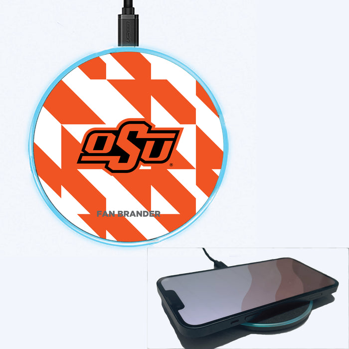 Fan Brander Grey 15W Wireless Charger with Oklahoma State Cowboys Primary Logo on Geometric Quad Background