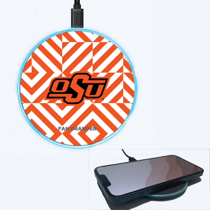 Fan Brander Grey 15W Wireless Charger with Oklahoma State Cowboys Primary Logo on Geometric Diamonds Background