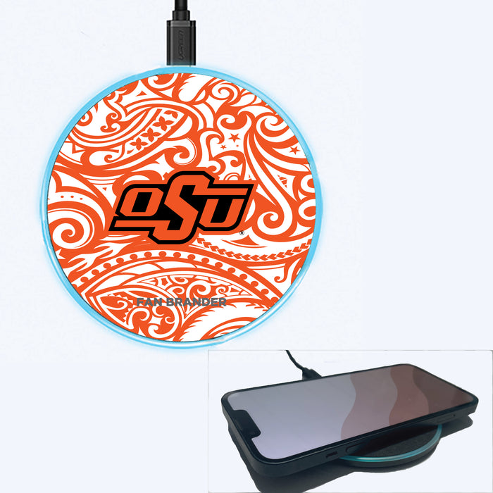 Fan Brander Grey 15W Wireless Charger with Oklahoma State Cowboys Primary Logo With Team Color Tribal Background