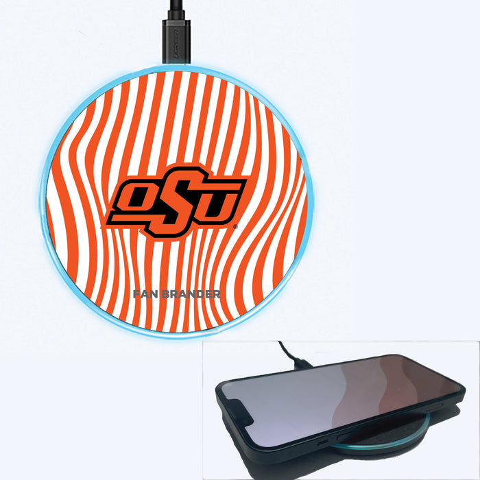 Fan Brander Grey 15W Wireless Charger with Oklahoma State Cowboys Primary Logo With Team Groovey Lines