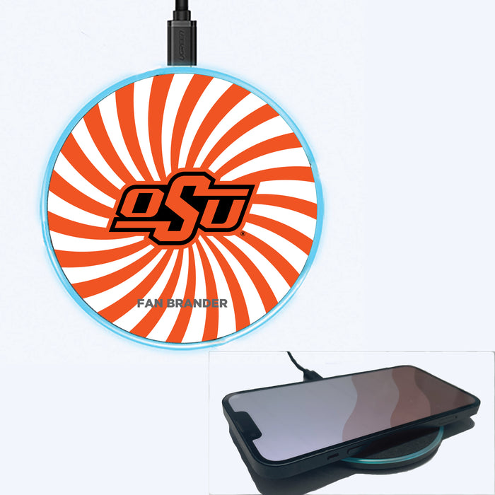 Fan Brander Grey 15W Wireless Charger with Oklahoma State Cowboys Primary Logo With Team Groovey Burst