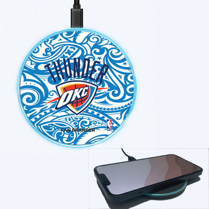 Fan Brander Grey 15W Wireless Charger with Oklahoma City Thunder Primary Logo With Team Color Tribal Background