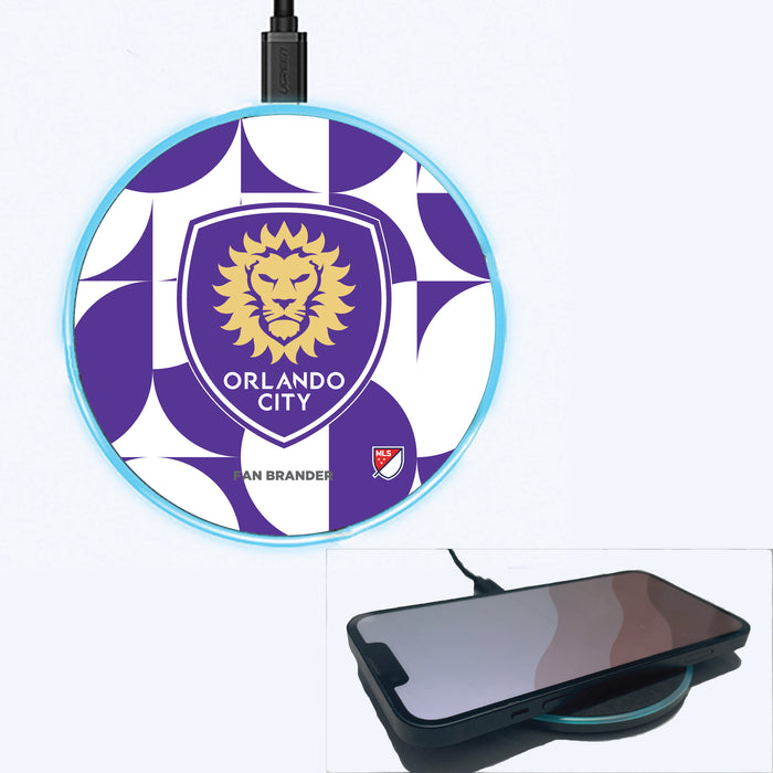 Fan Brander Grey 15W Wireless Charger with Orlando City SC Primary Logo on Geometric Circle Background