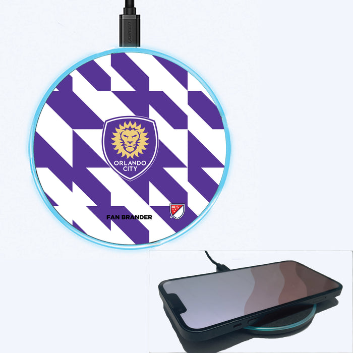 Fan Brander Grey 15W Wireless Charger with Orlando City SC Primary Logo on Geometric Quad Background