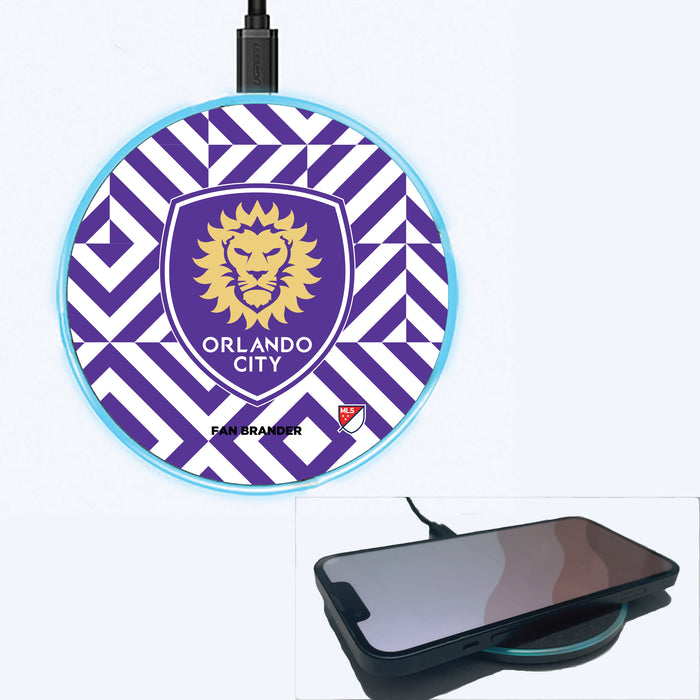 Fan Brander Grey 15W Wireless Charger with Orlando City SC Primary Logo on Geometric Diamonds Background
