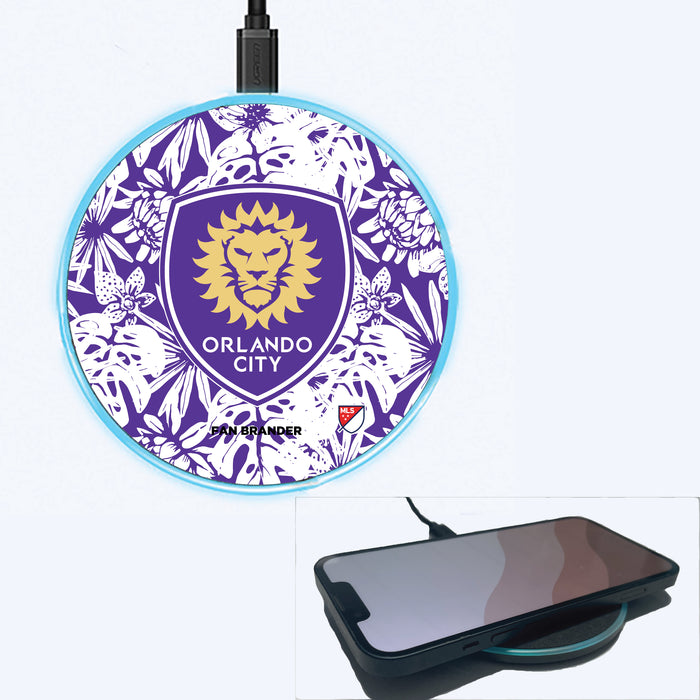 Fan Brander Grey 15W Wireless Charger with Orlando City SC Primary Logo With Team Color Hawain Pattern