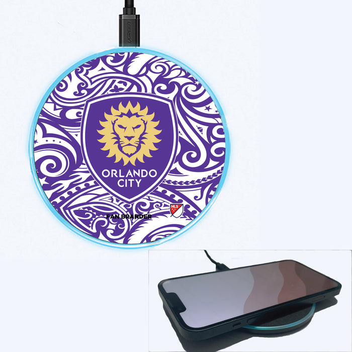 Fan Brander Grey 15W Wireless Charger with Orlando City SC Primary Logo With Team Color Tribal Background